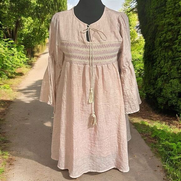 Les Soeurs Shift Dress Pink Mini Size Small Smocked Top Split‎ Sleeves Peasant - Picture 1 of 9